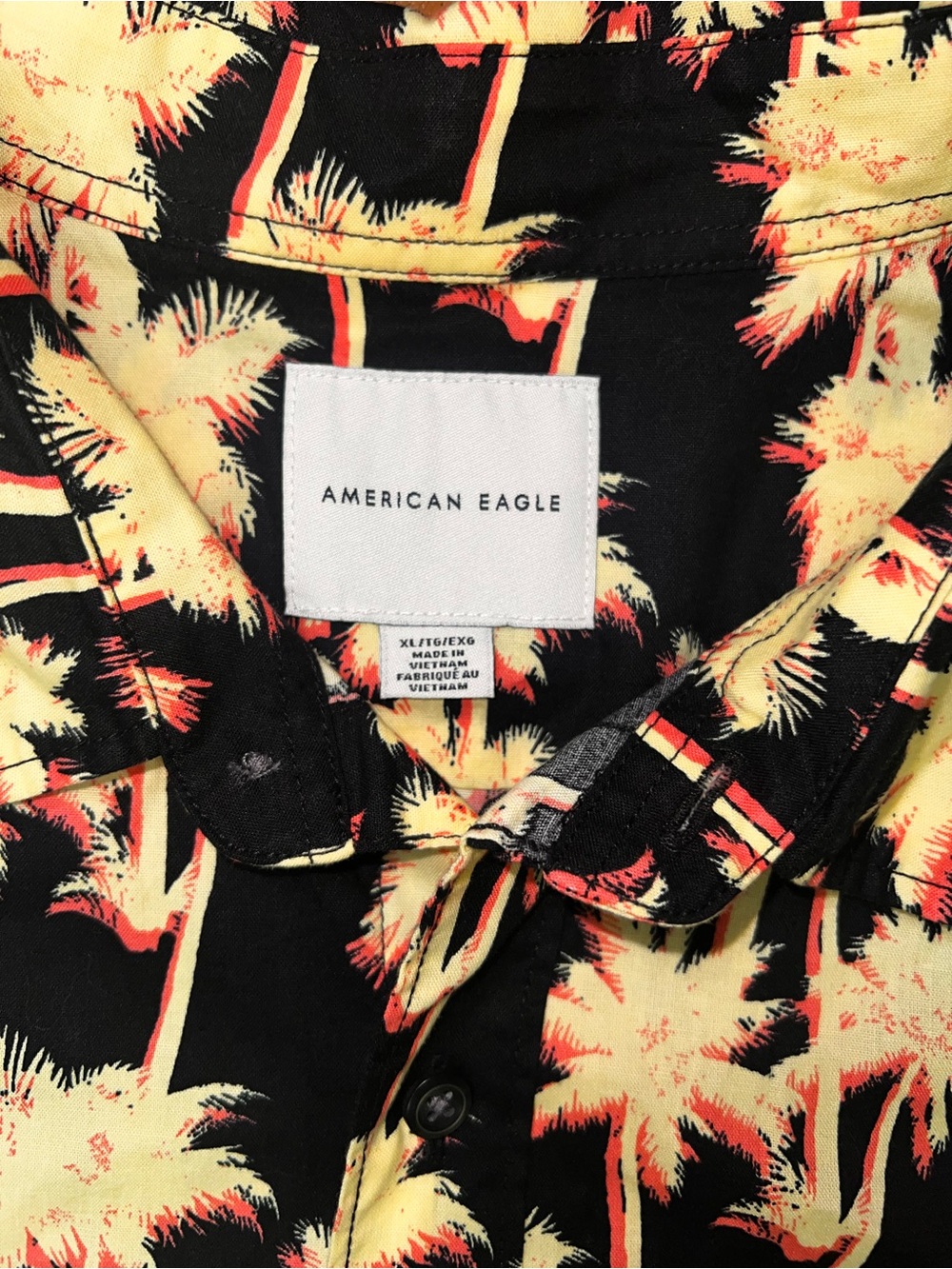 American Eagle Black Button-Up Shirt with Yellow  Palm Print